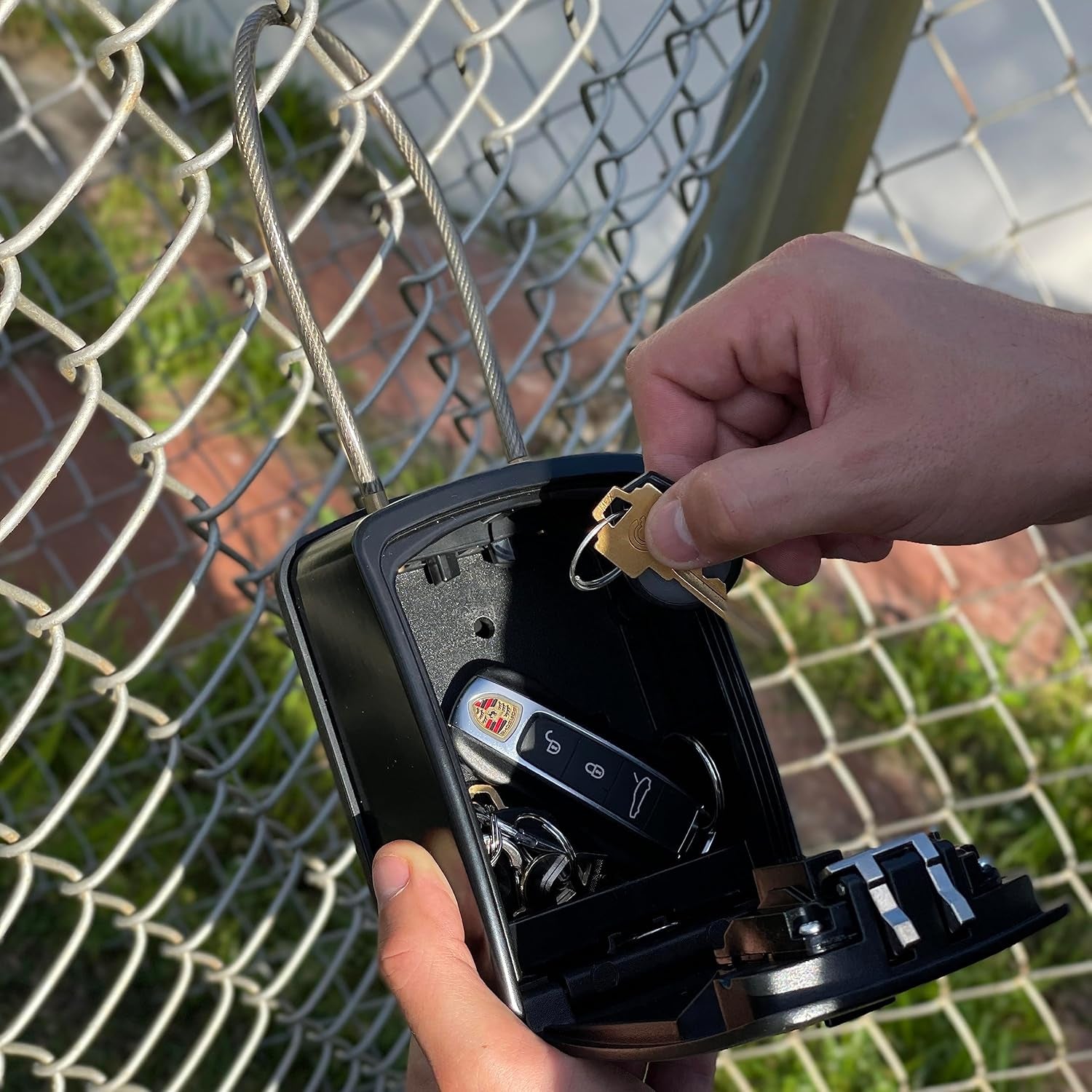 ® XXL Portable Key Lock Box and Wall Mounted with Removable Cable Shackle Waterproof Indoor Outdoor 4 Digit Combo Resettable Code with a B Switch Extra Large Key Lockbox outside (XXL, Black) - Velinare