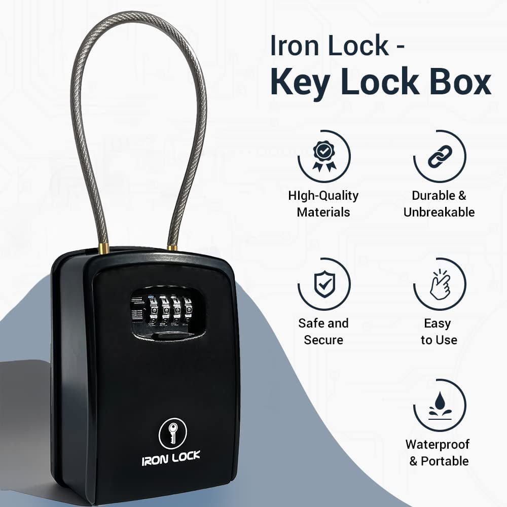 ® XXL Portable Key Lock Box and Wall Mounted with Removable Cable Shackle Waterproof Indoor Outdoor 4 Digit Combo Resettable Code with a B Switch Extra Large Key Lockbox outside (XXL, Black) - Velinare