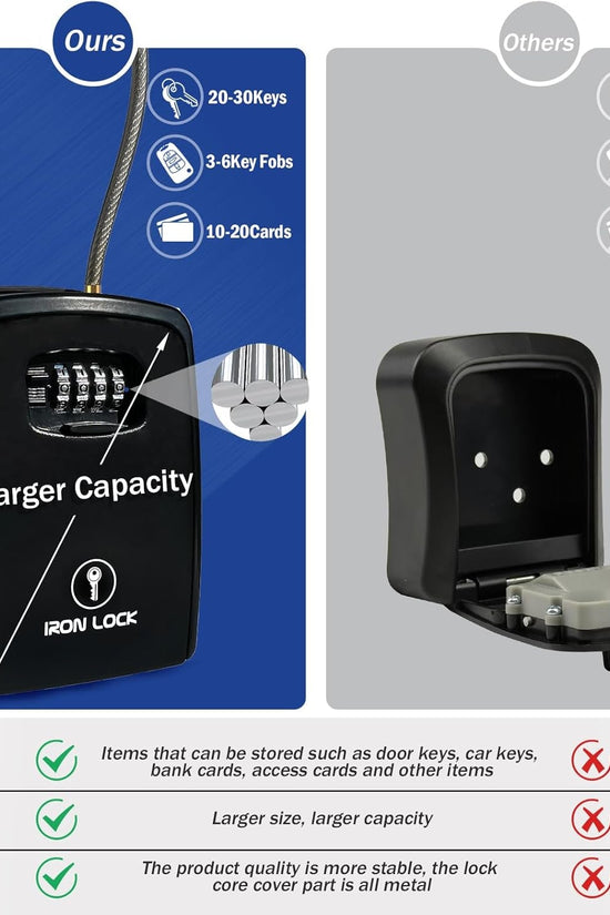 ® XXL Portable Key Lock Box and Wall Mounted with Removable Cable Shackle Waterproof Indoor Outdoor 4 Digit Combo Resettable Code with a B Switch Extra Large Key Lockbox outside (XXL, Black) - Velinare