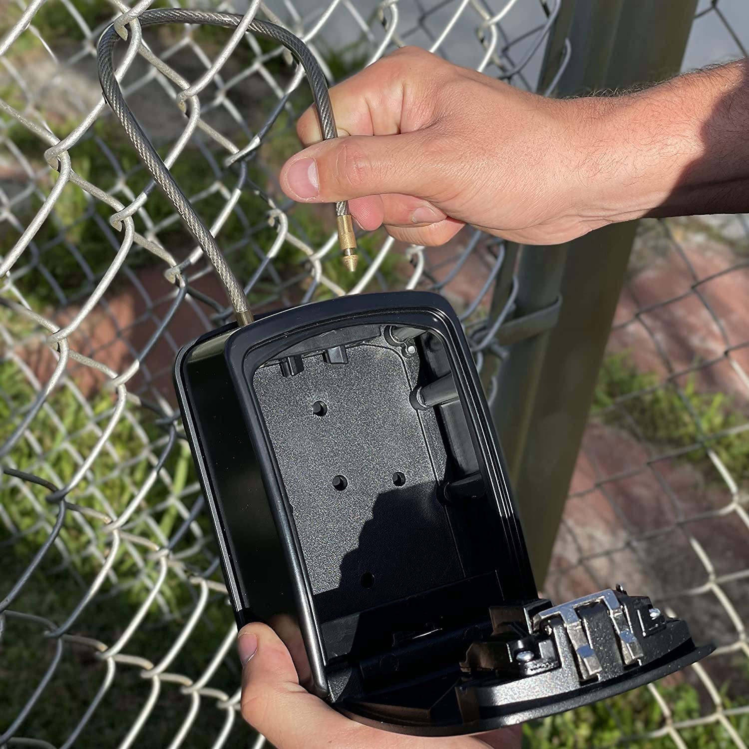 ® XXL Portable Key Lock Box and Wall Mounted with Removable Cable Shackle Waterproof Indoor Outdoor 4 Digit Combo Resettable Code with a B Switch Extra Large Key Lockbox outside (XXL, Black) - Velinare