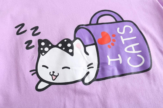 Young Girls Pajama Cute Cat Pattern Nighty Comfy Shorts Cotton Sleepwear - Velinare