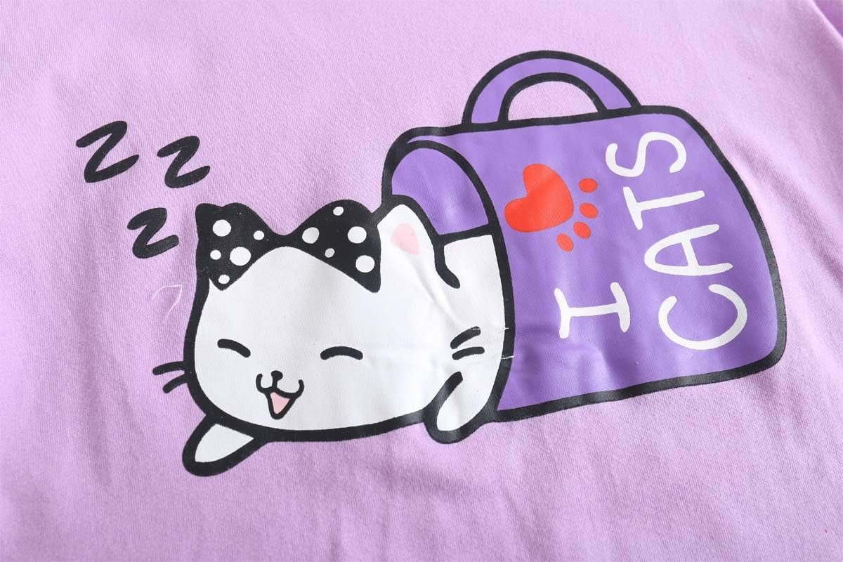 Young Girls Pajama Cute Cat Pattern Nighty Comfy Shorts Cotton Sleepwear - Velinare
