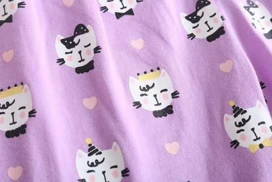 Young Girls Pajama Cute Cat Pattern Nighty Comfy Shorts Cotton Sleepwear - Velinare