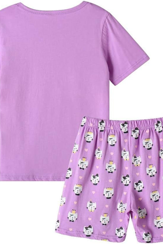 Young Girls Pajama Cute Cat Pattern Nighty Comfy Shorts Cotton Sleepwear - Velinare