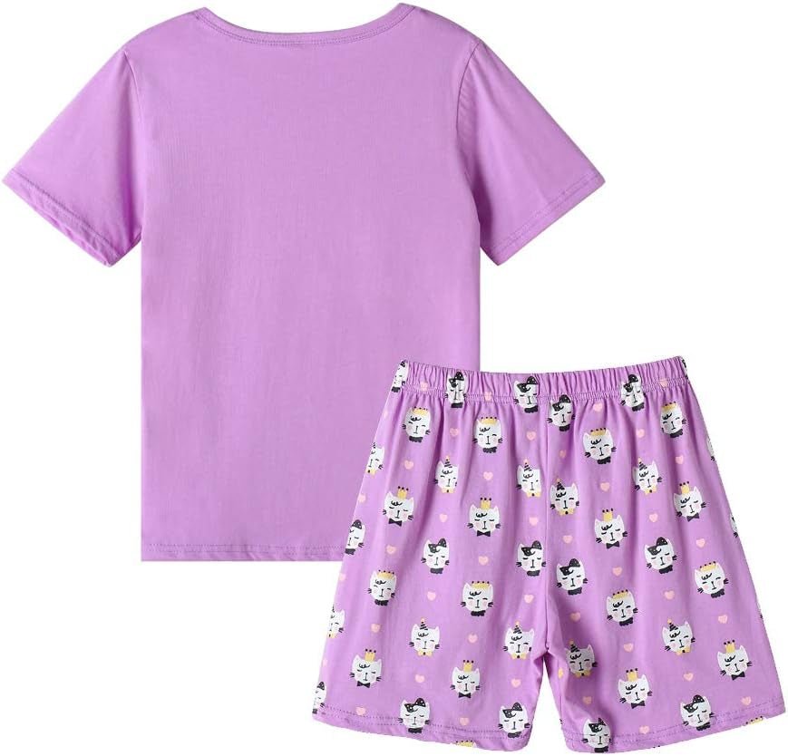 Young Girls Pajama Cute Cat Pattern Nighty Comfy Shorts Cotton Sleepwear - Velinare