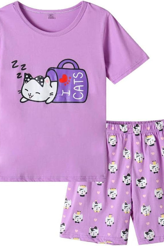 Young Girls Pajama Cute Cat Pattern Nighty Comfy Shorts Cotton Sleepwear - Velinare