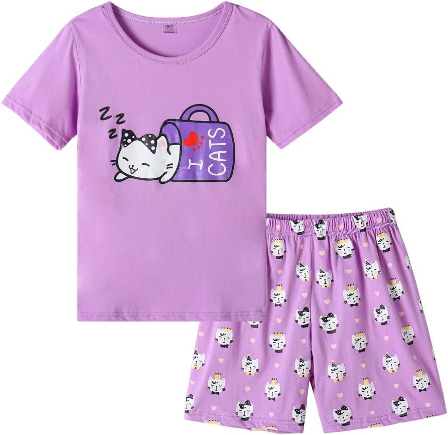 Young Girls Pajama Cute Cat Pattern Nighty Comfy Shorts Cotton Sleepwear - Velinare